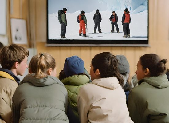 Jovenes mirando documental de antártica